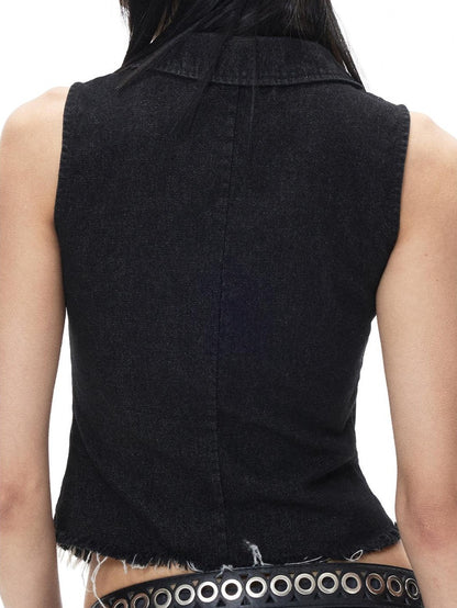 3MODE Black Punk Double Breasted Lapel Sleeveless Women&