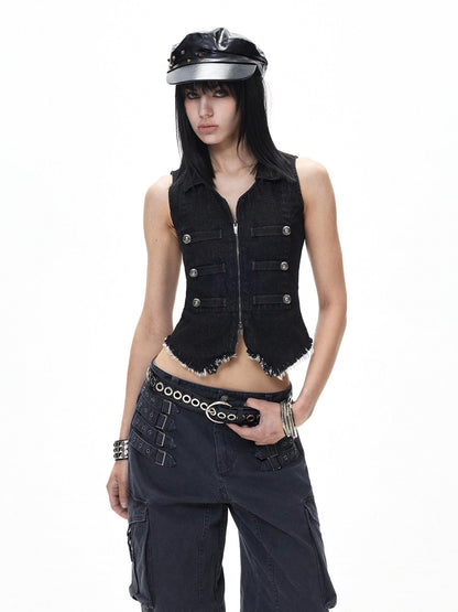 3MODE Black Punk Double Breasted Lapel Sleeveless Women&