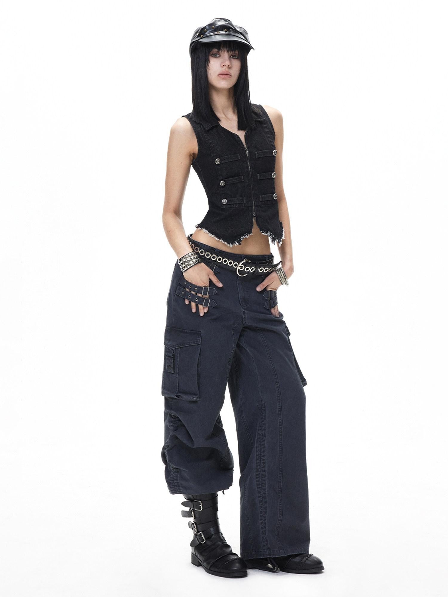 3MODE Black Punk Double Breasted Lapel Sleeveless Women&