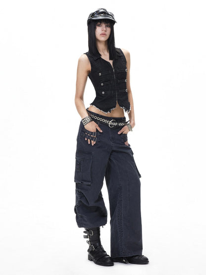 3MODE Black Punk Double Breasted Lapel Sleeveless Women&