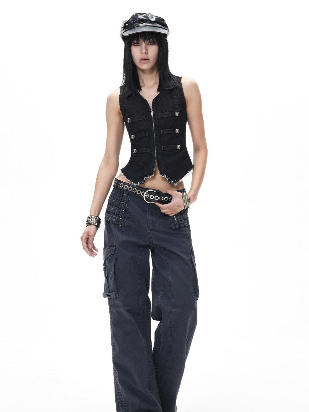 3MODE Black Punk Double Breasted Lapel Sleeveless Women&
