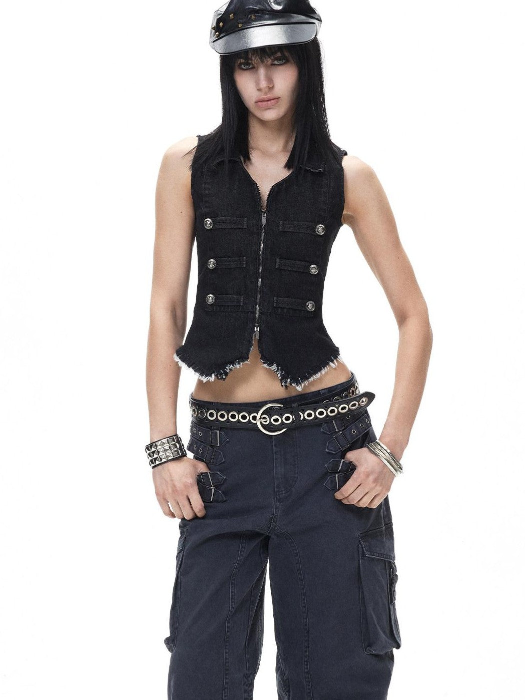 3MODE Black Punk Double Breasted Lapel Sleeveless Women&