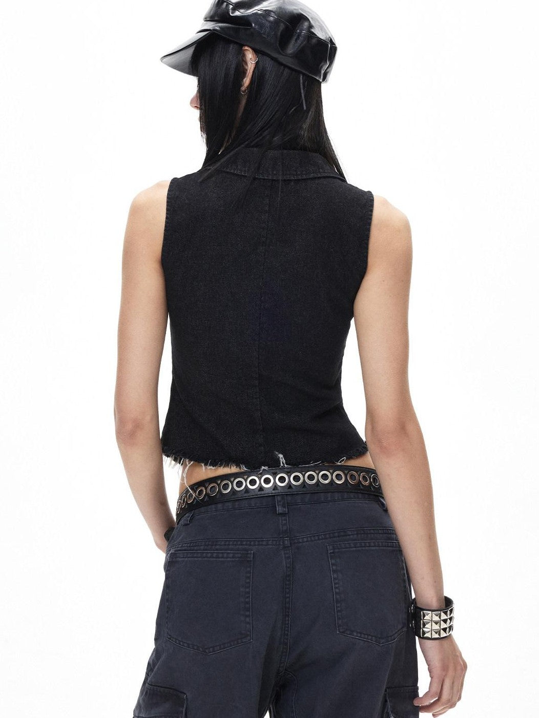3MODE Black Punk Double Breasted Lapel Sleeveless Women&