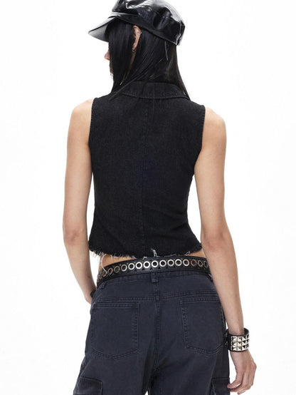 3MODE Black Punk Double Breasted Lapel Sleeveless Women&