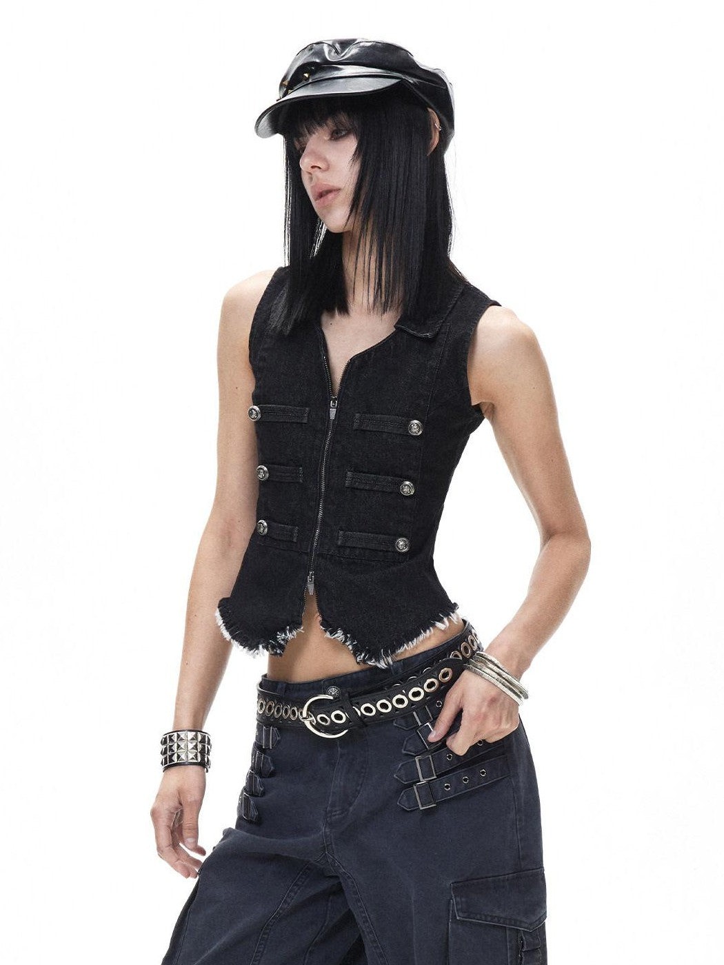 3MODE Black Punk Double Breasted Lapel Sleeveless Women&