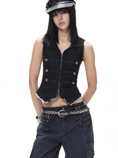 3MODE Black Punk Double Breasted Lapel Sleeveless Women&