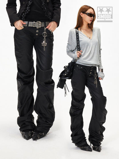 3MODE Black Punk Ruched Pleats Metal Button Women&