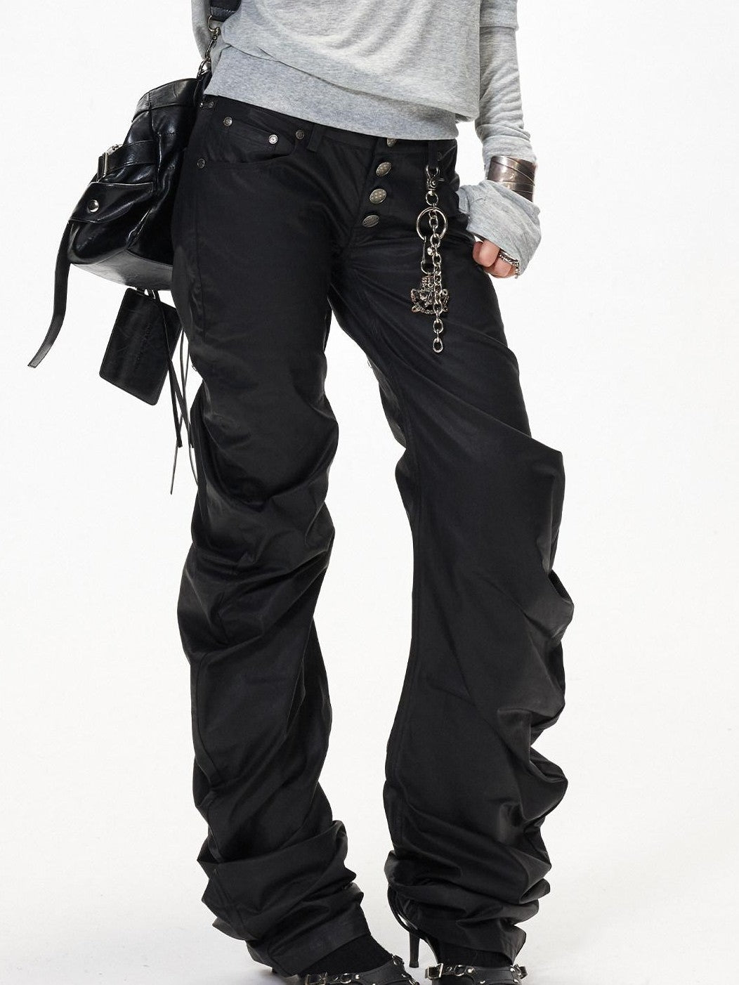 3MODE Black Punk Ruched Pleats Metal Button Women&