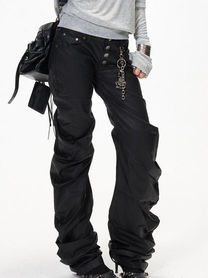 3MODE Black Punk Ruched Pleats Metal Button Women&
