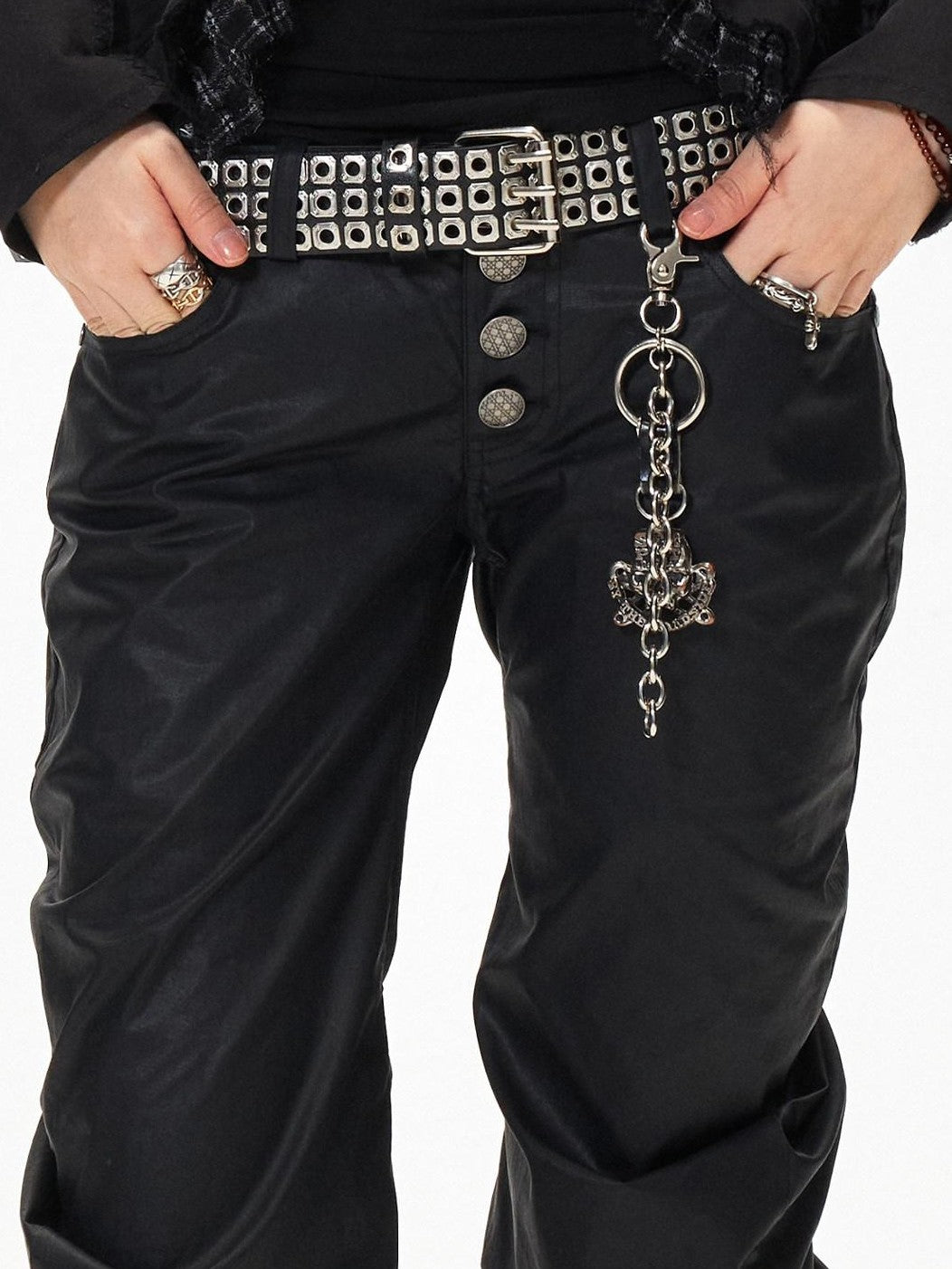 3MODE Black Punk Ruched Pleats Metal Button Women&
