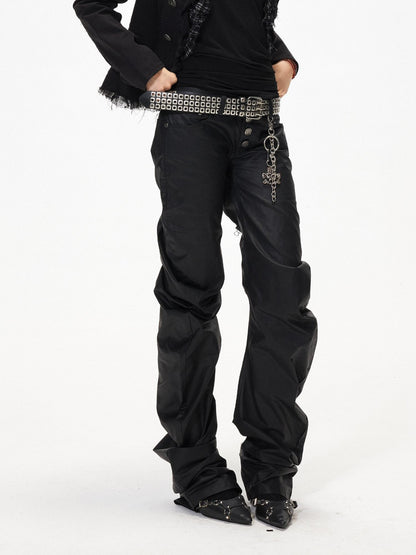 3MODE Black Punk Ruched Pleats Metal Button Women&