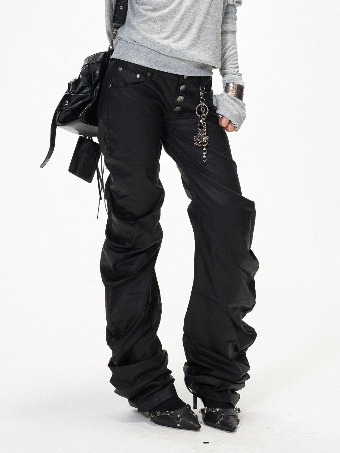 3MODE Black Punk Ruched Pleats Metal Button Women&