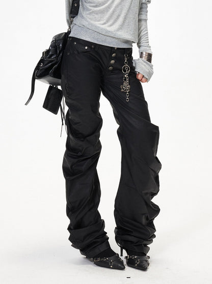3MODE Black Punk Ruched Pleats Metal Button Women&