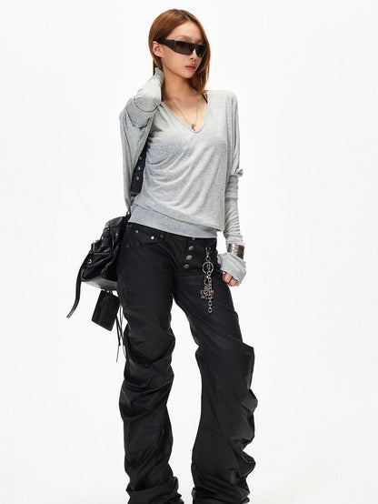 3MODE Black Punk Ruched Pleats Metal Button Women&
