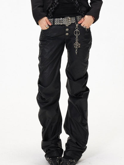3MODE Black Punk Ruched Pleats Metal Button Women&