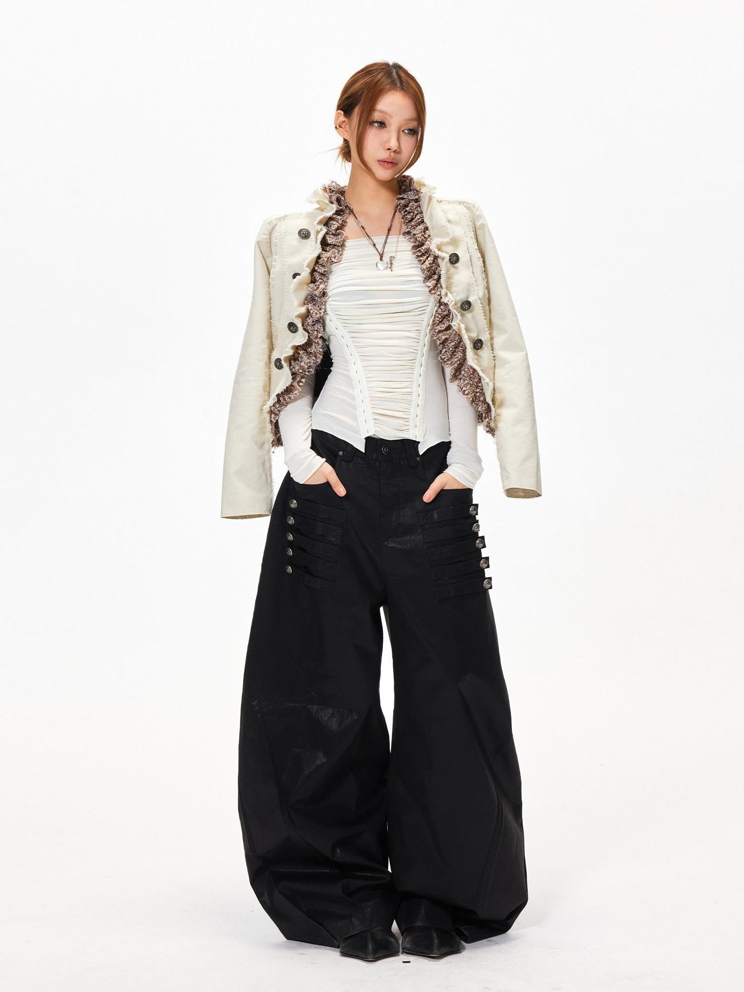 3MODE Black Side Multi Buttons Heavy Embroidery Women&