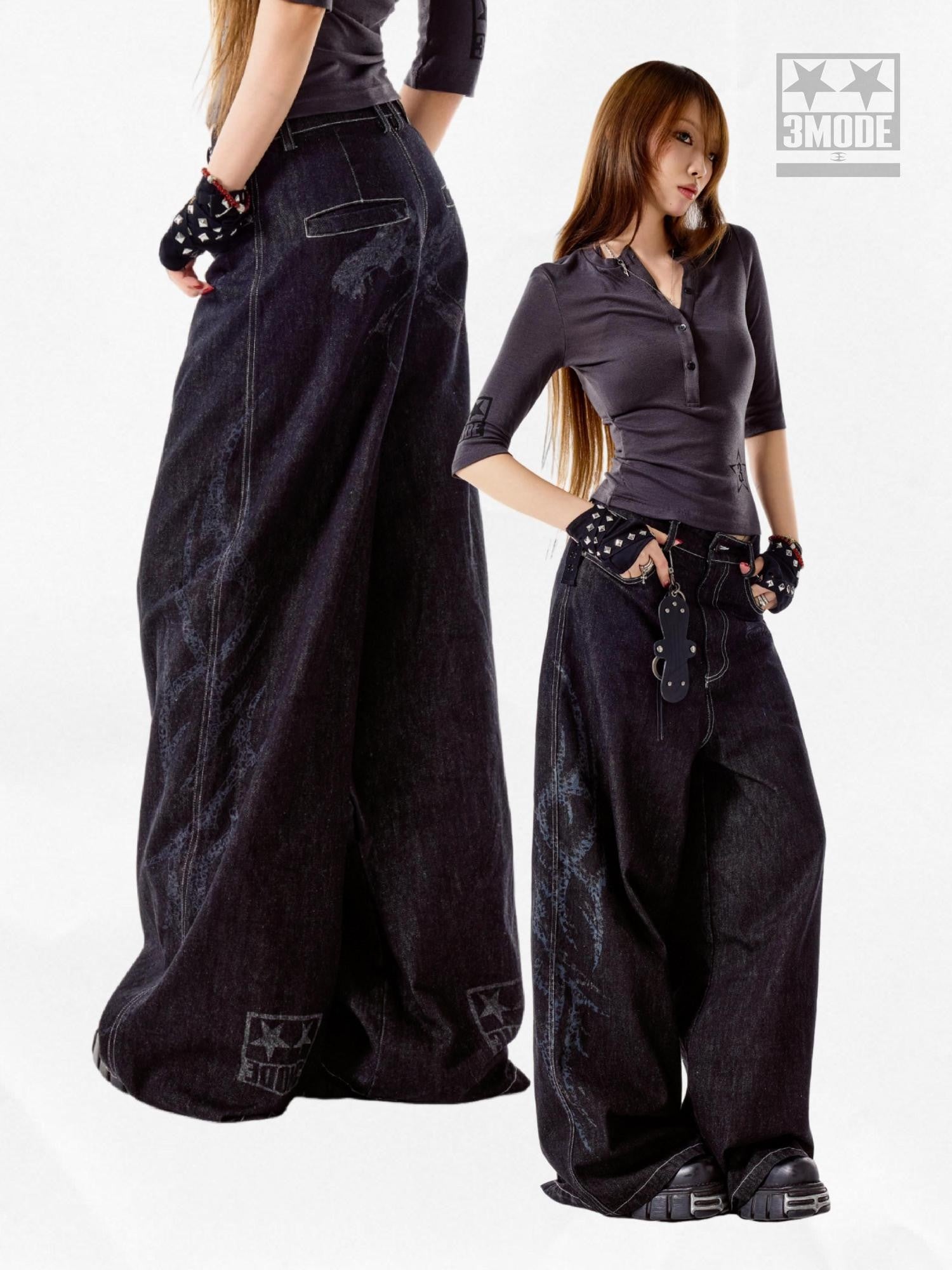 3MODE Black Vintage Washed Loose Natural Waist Women&