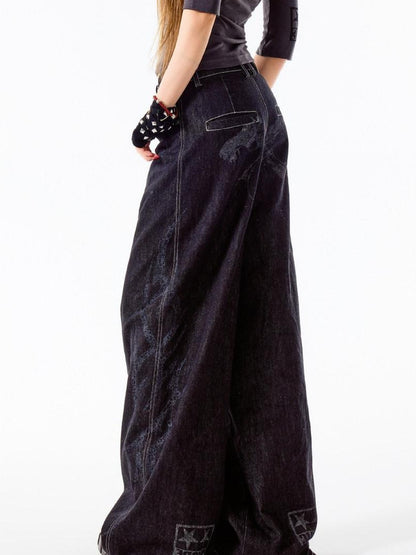 3MODE Black Vintage Washed Loose Natural Waist Women&
