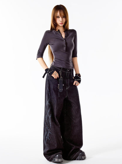 3MODE Black Vintage Washed Loose Natural Waist Women&