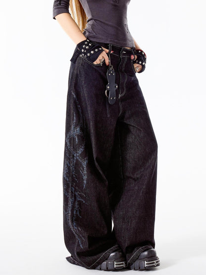 3MODE Black Vintage Washed Loose Natural Waist Women&