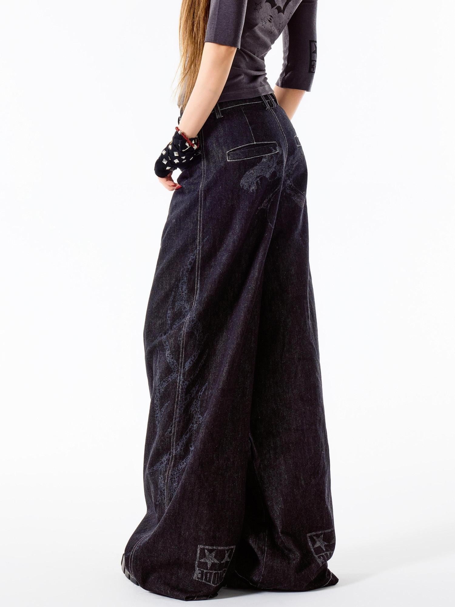 3MODE Black Vintage Washed Loose Natural Waist Women&