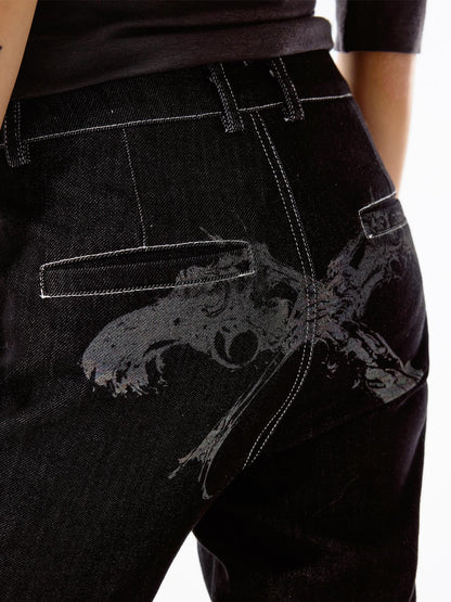 3MODE Black Vintage Washed Loose Natural Waist Women&
