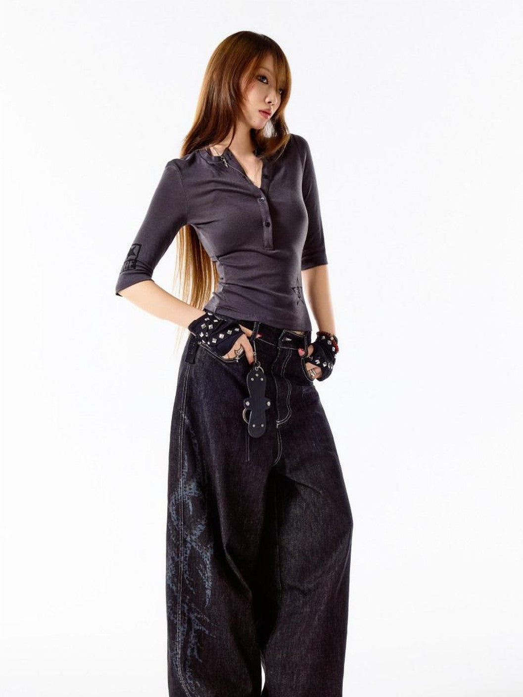 3MODE Black Vintage Washed Loose Natural Waist Women&