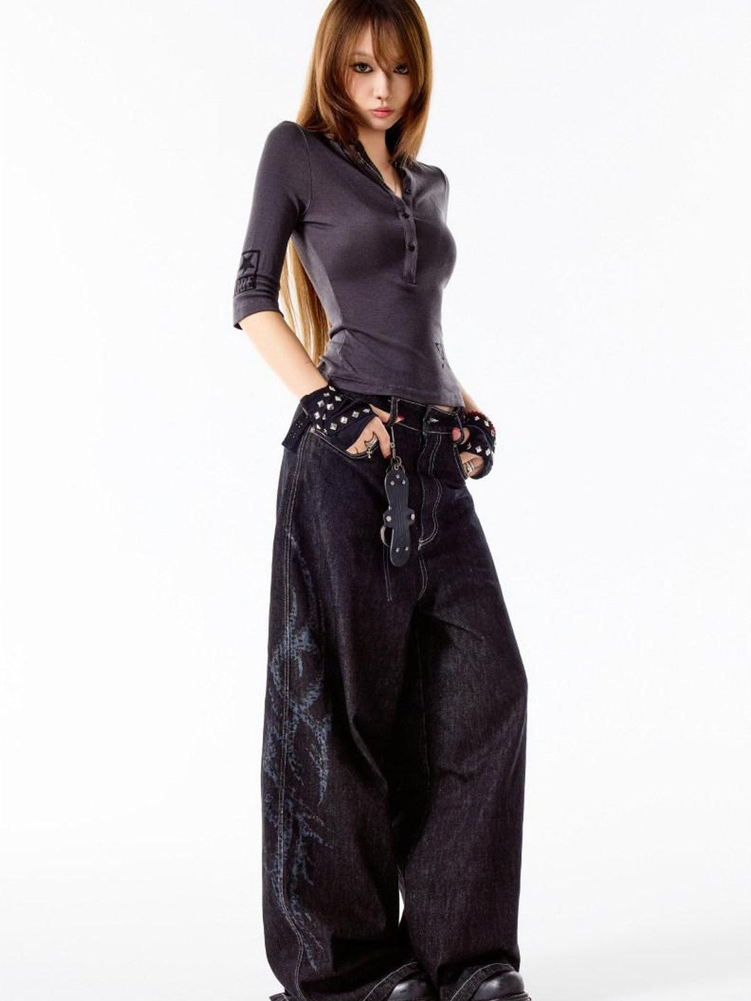 3MODE Black Vintage Washed Loose Natural Waist Women&