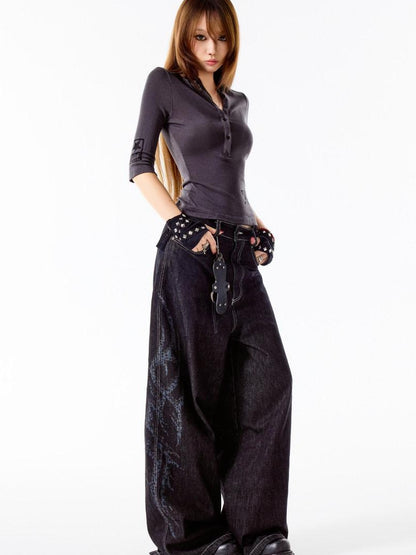 3MODE Black Vintage Washed Loose Natural Waist Women&