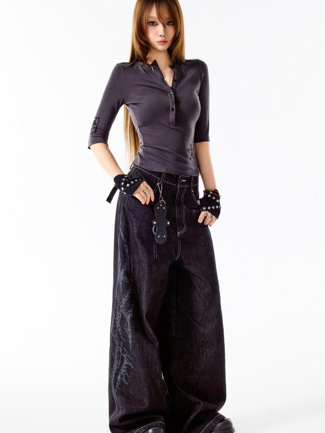 3MODE Black Vintage Washed Loose Natural Waist Women&