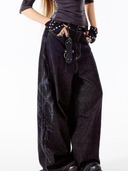 3MODE Black Vintage Washed Loose Natural Waist Women&