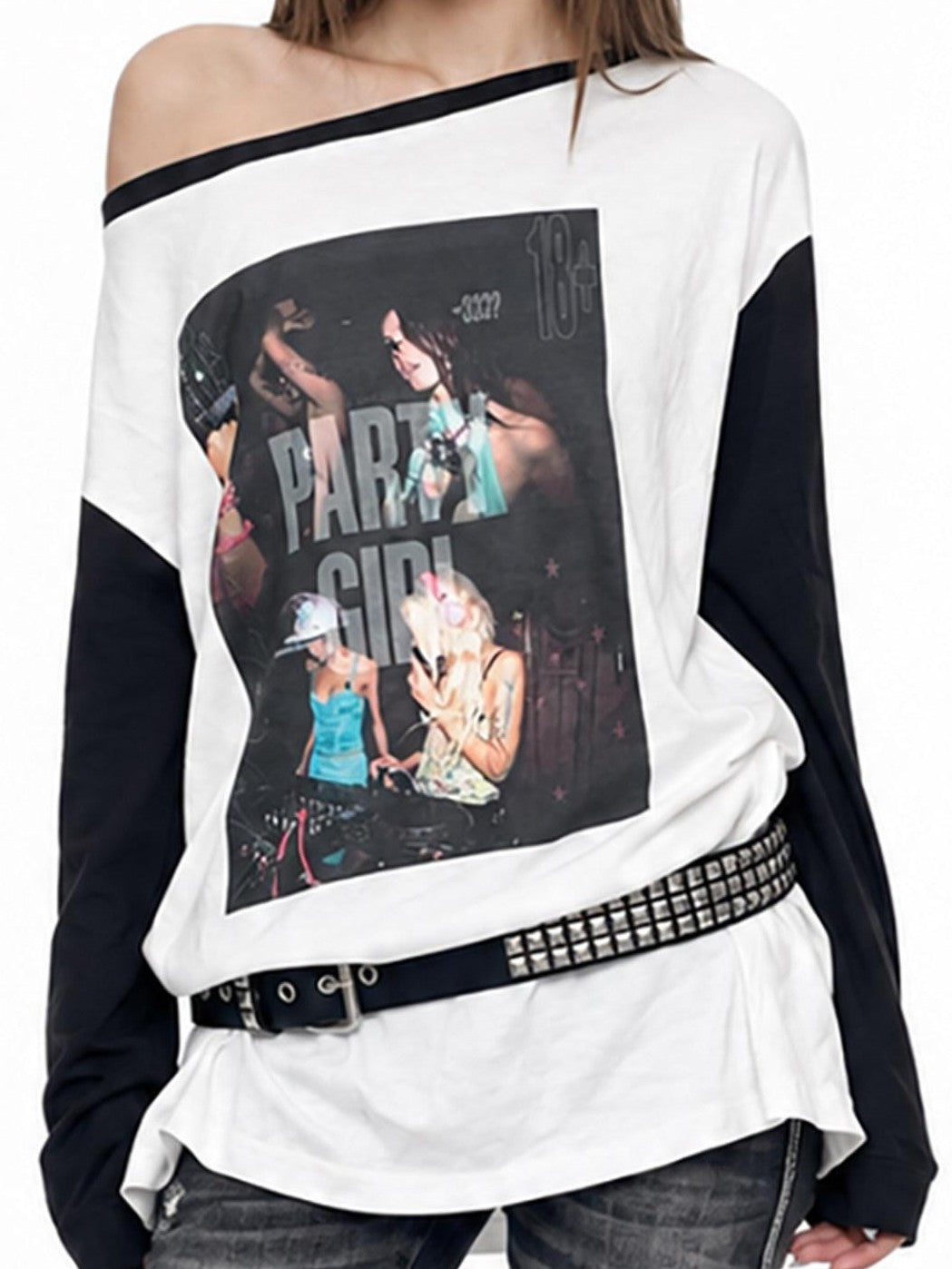3MODE Black White Asymmetrical Open Back Poster Print Women&