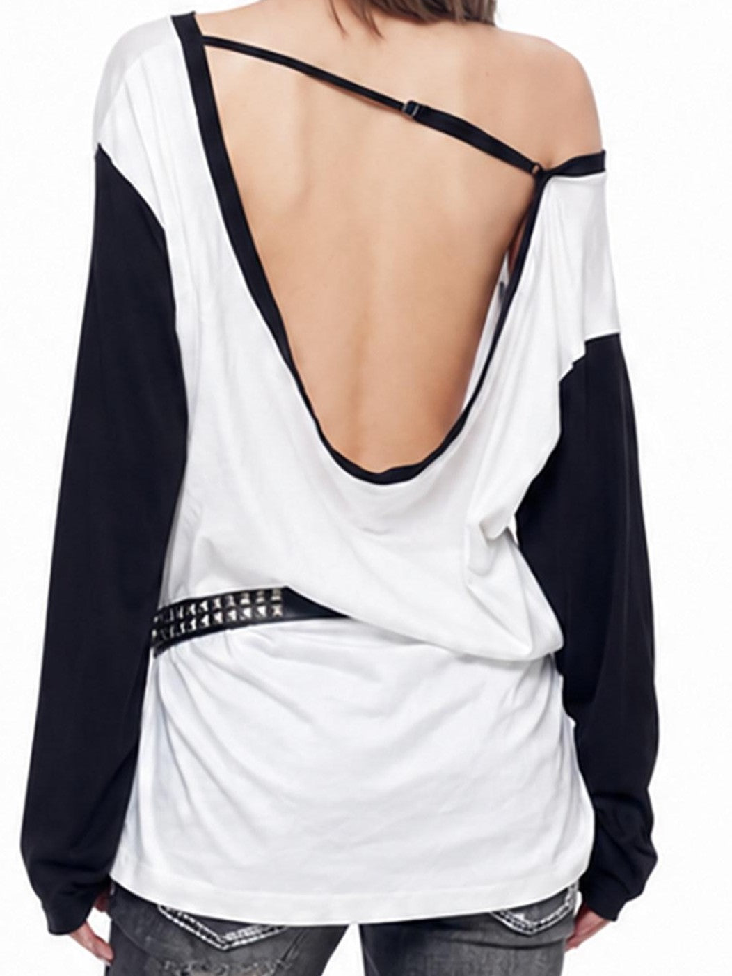3MODE Black White Asymmetrical Open Back Poster Print Women&