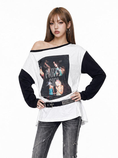 3MODE Black White Asymmetrical Open Back Poster Print Women&