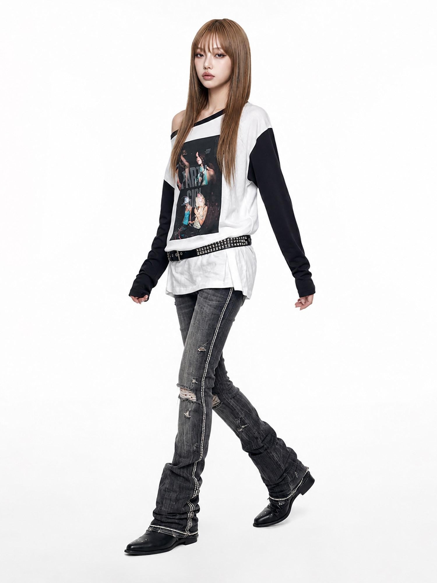 3MODE Black White Asymmetrical Open Back Poster Print Women&
