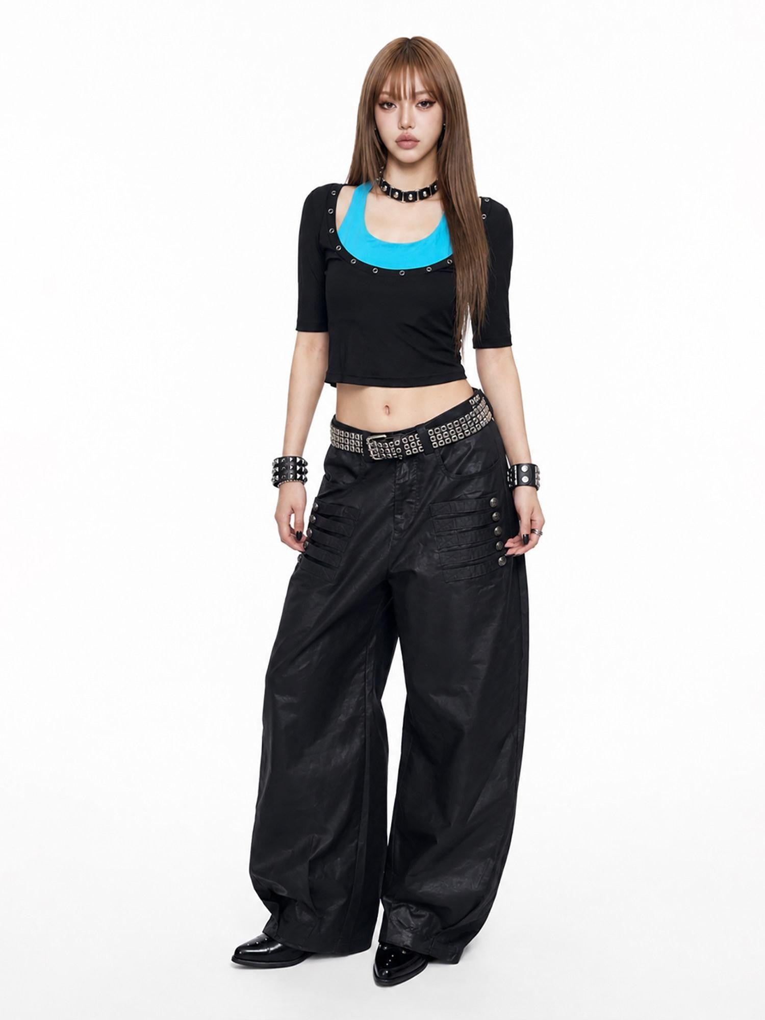 3MODE Blue Black Colorblock Metal Ring U Neck Two Piece Women&