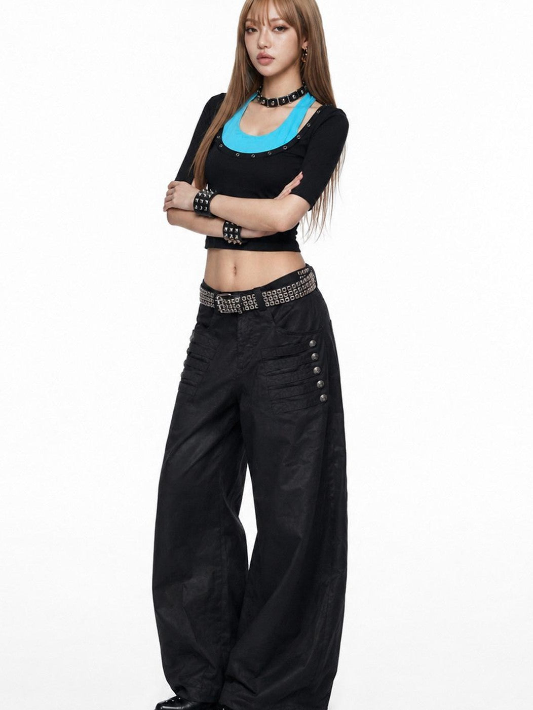 3MODE Blue Black Colorblock Metal Ring U Neck Two Piece Women&