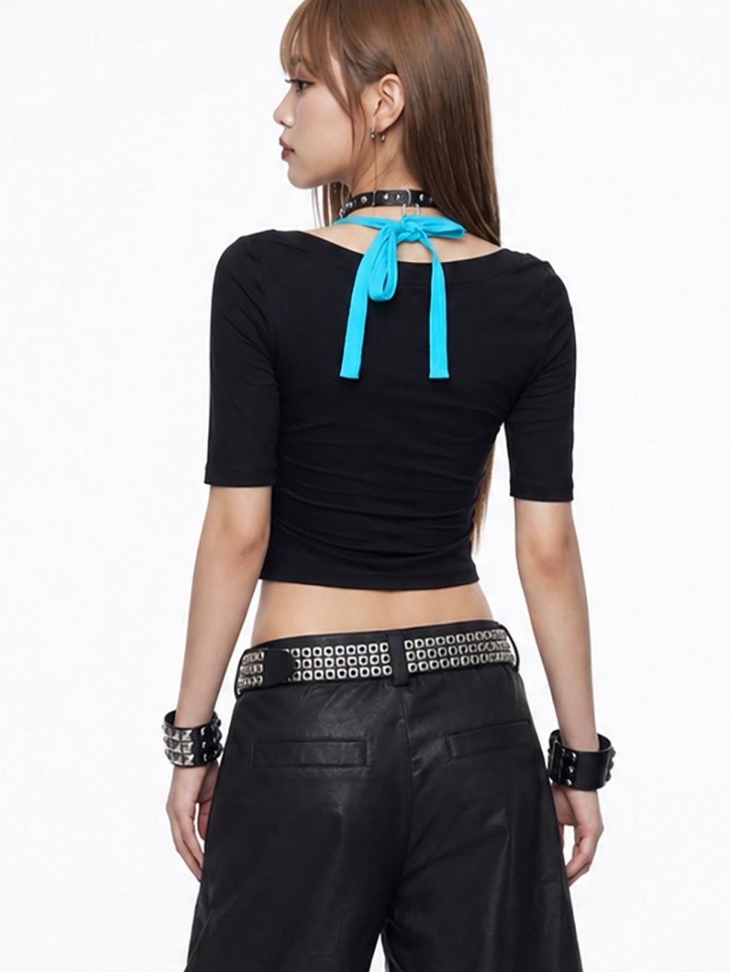 3MODE Blue Black Colorblock Metal Ring U Neck Two Piece Women&
