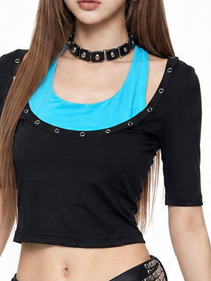 3MODE Blue Black Colorblock Metal Ring U Neck Two Piece Women&