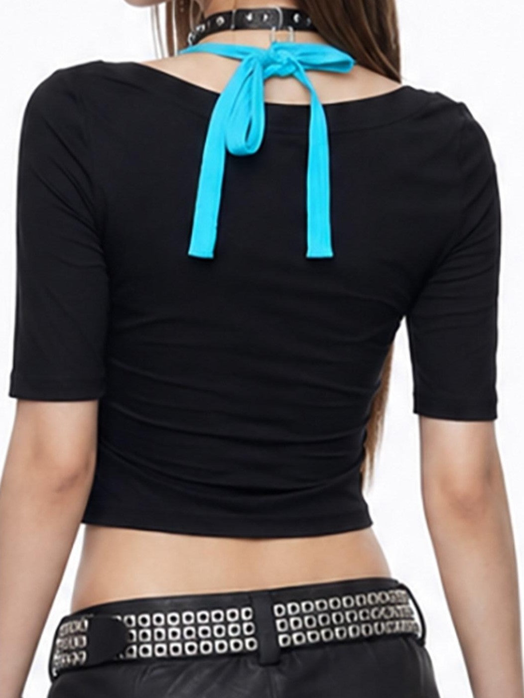 3MODE Blue Black Colorblock Metal Ring U Neck Two Piece Women&