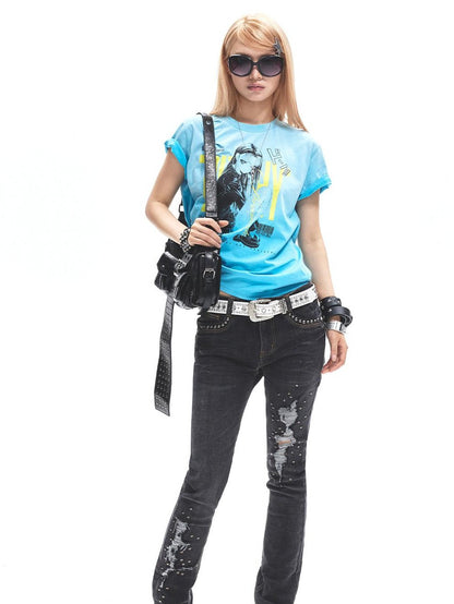 3MODE Blue Punk Print Ruched Low Waist Crew Neck Women&