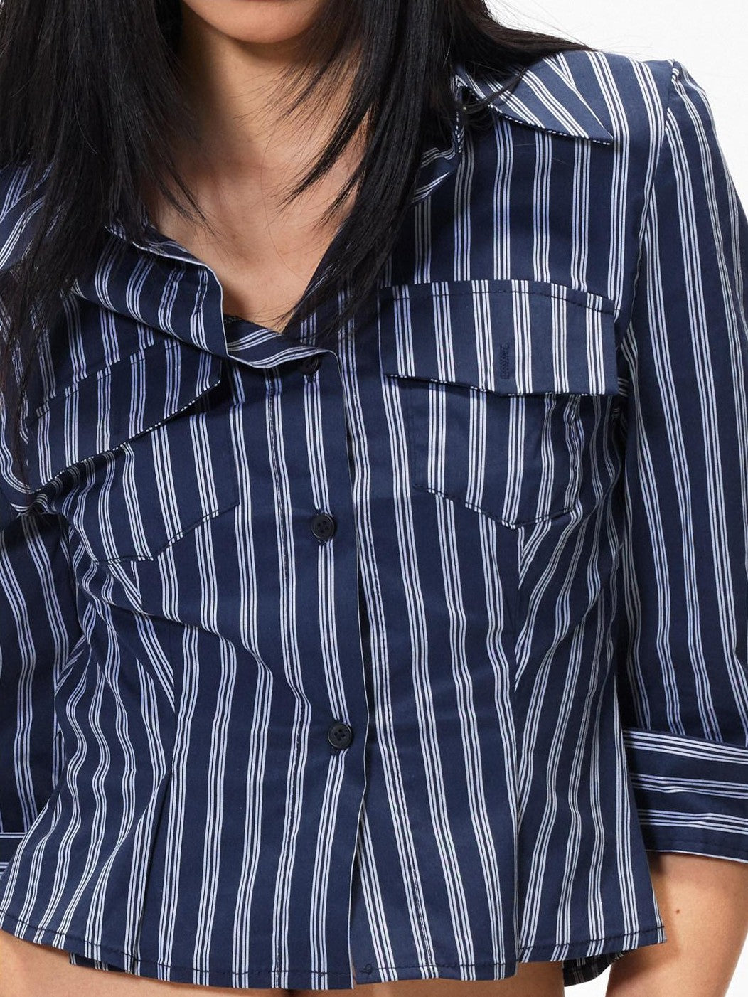 3MODE Blue Striped Polo Collar Three Quarter Sleeve Slim Women&