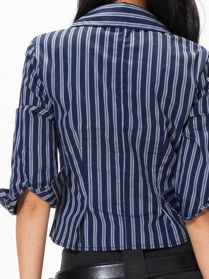 3MODE Blue Striped Polo Collar Three Quarter Sleeve Slim Women&