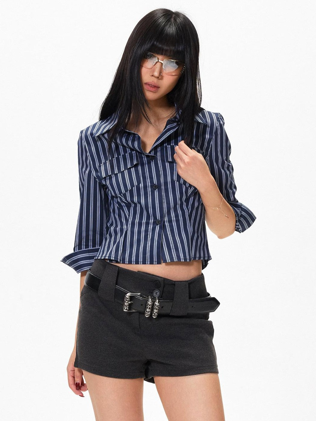 3MODE Blue Striped Polo Collar Three Quarter Sleeve Slim Women&