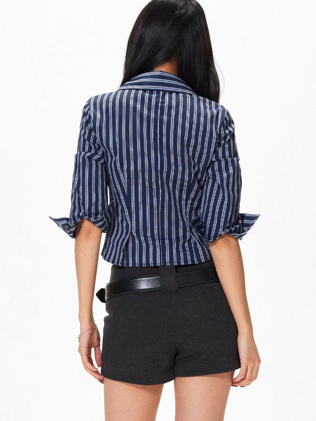 3MODE Blue Striped Polo Collar Three Quarter Sleeve Slim Women&