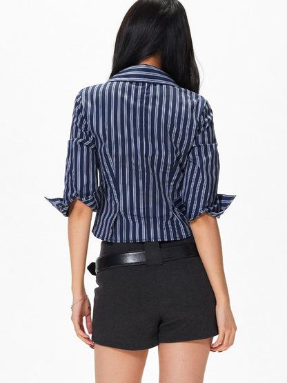 3MODE Blue Striped Polo Collar Three Quarter Sleeve Slim Women&