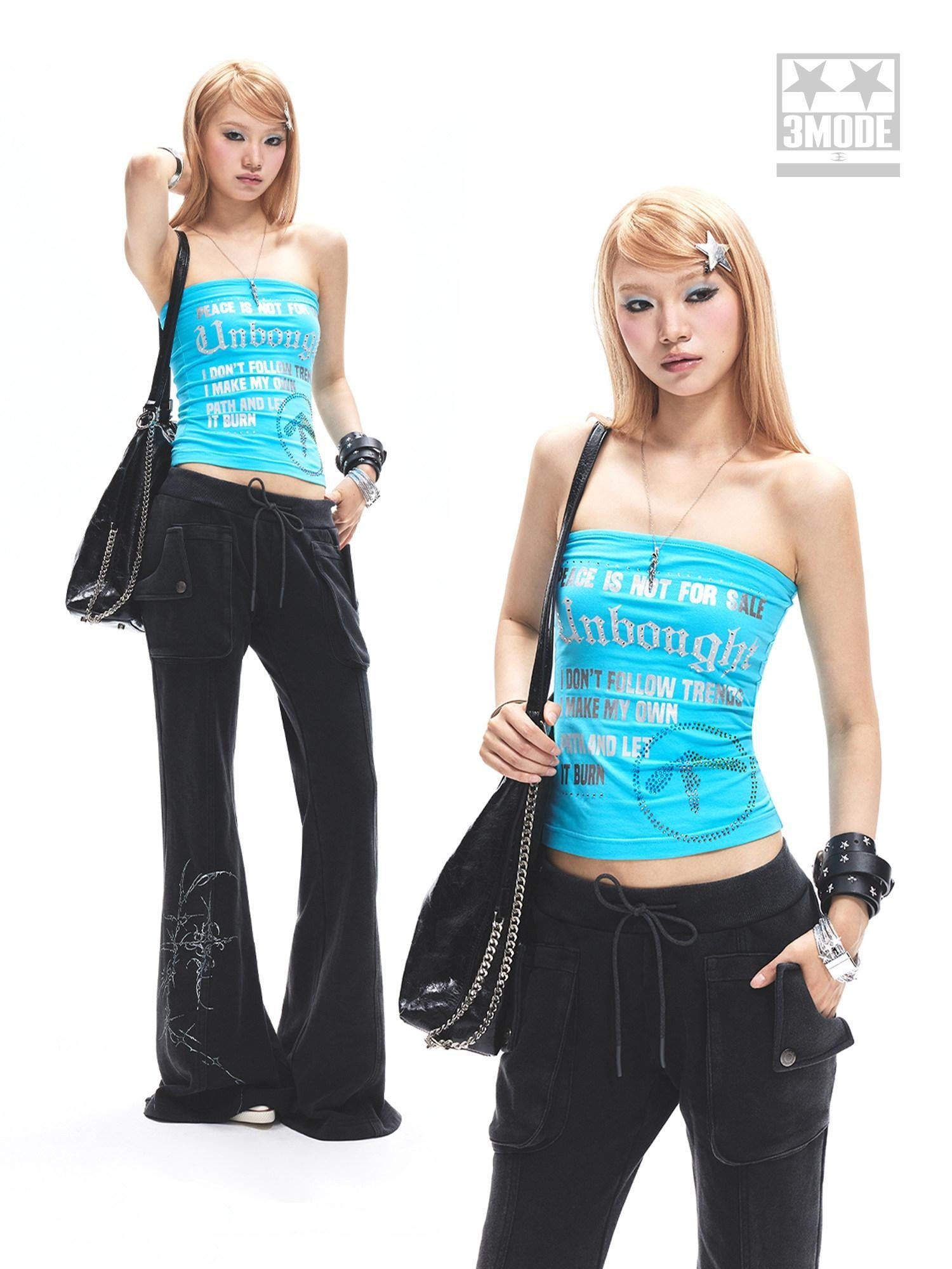 3MODE Bright Blue Letter Print Strapless Slim Fit Cropped Women&