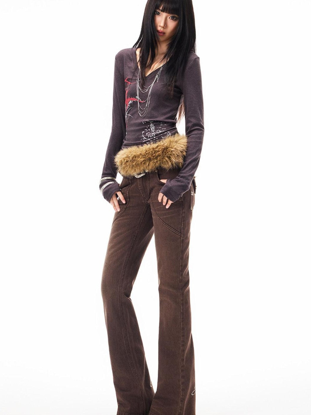 3MODE Brown Vintage Letter Print High Waist Women&