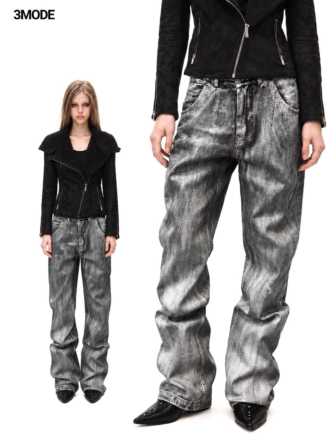 3MODE Brushed Texture Straight Leg Acid Wash Women&