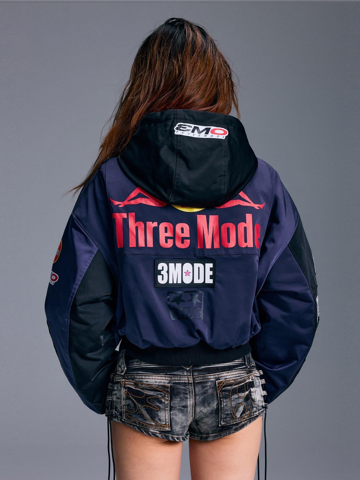 3MODE Cartoon Print Street Hooded Cropped Biker Zipper Women&